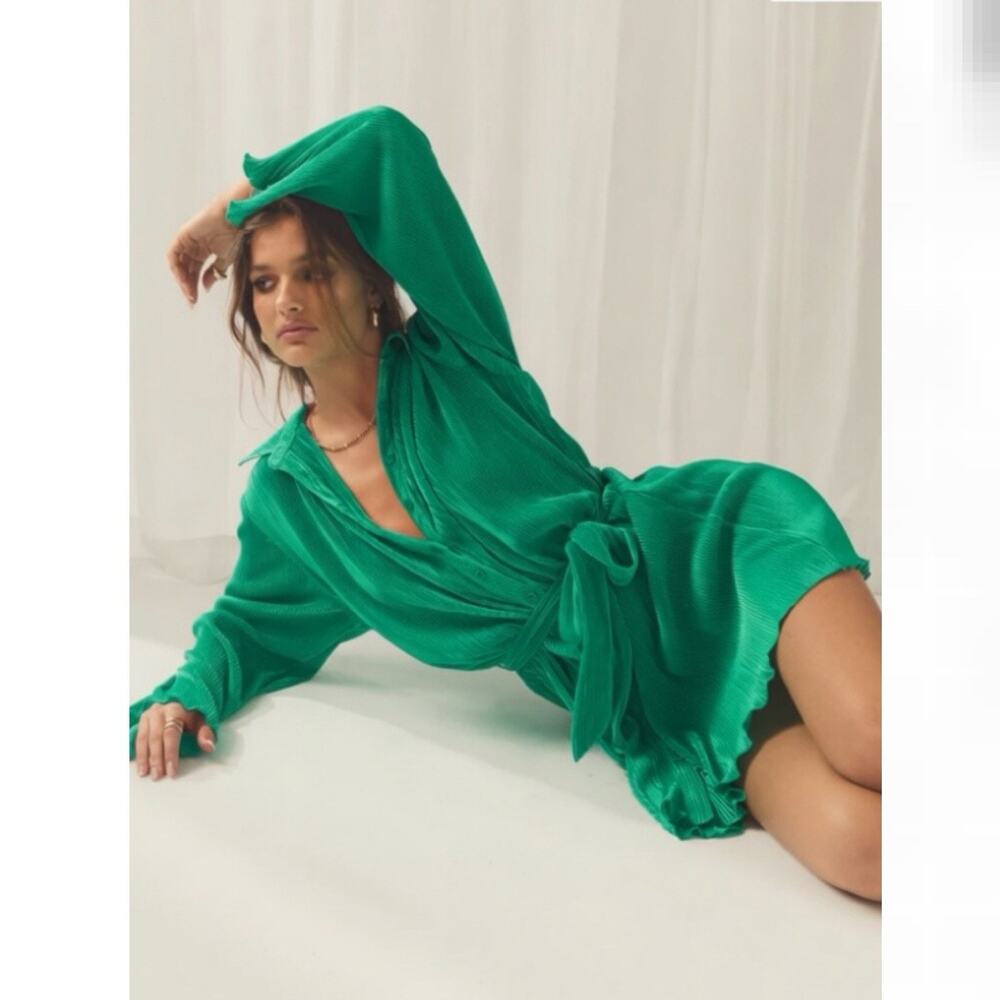 Peppermayo Soho Chic Pleated Shirt Dress Jade Green Sz 8